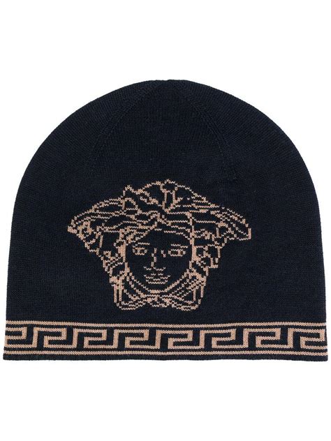 blue and black versace beanie